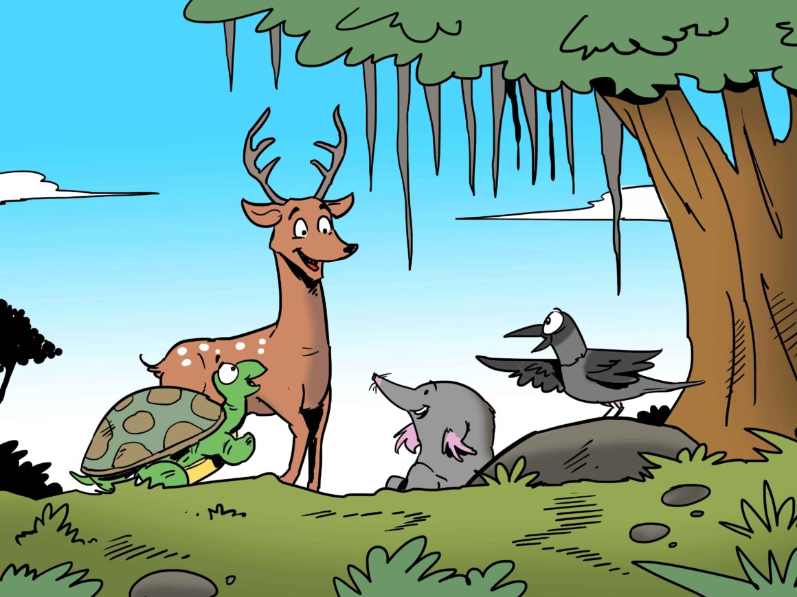 The four friends hanging out in the forest.